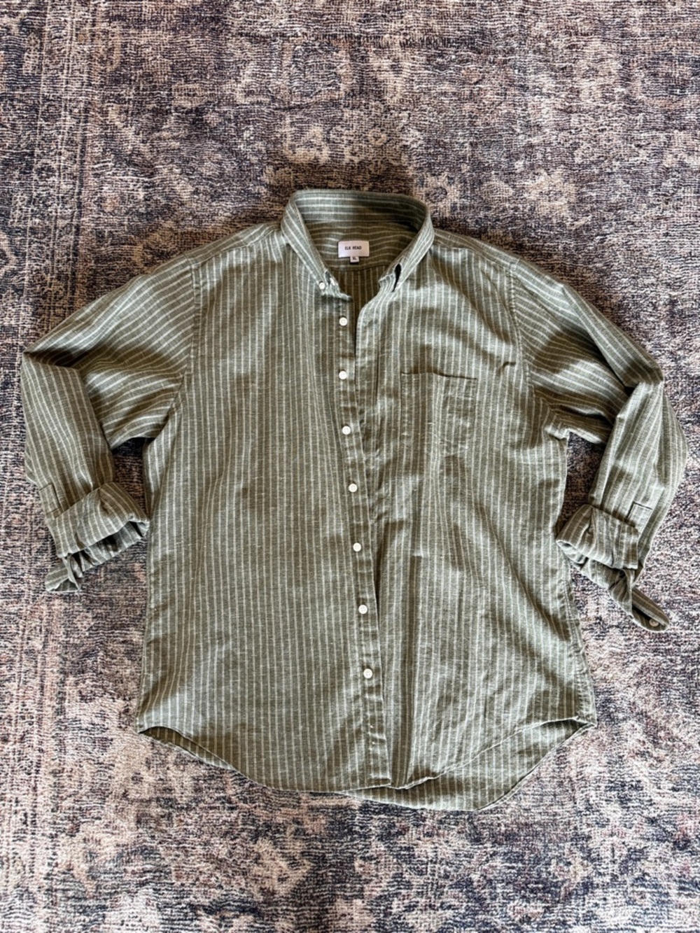 Elk Head Button-Down Olive Green Pinstriped Shirt
